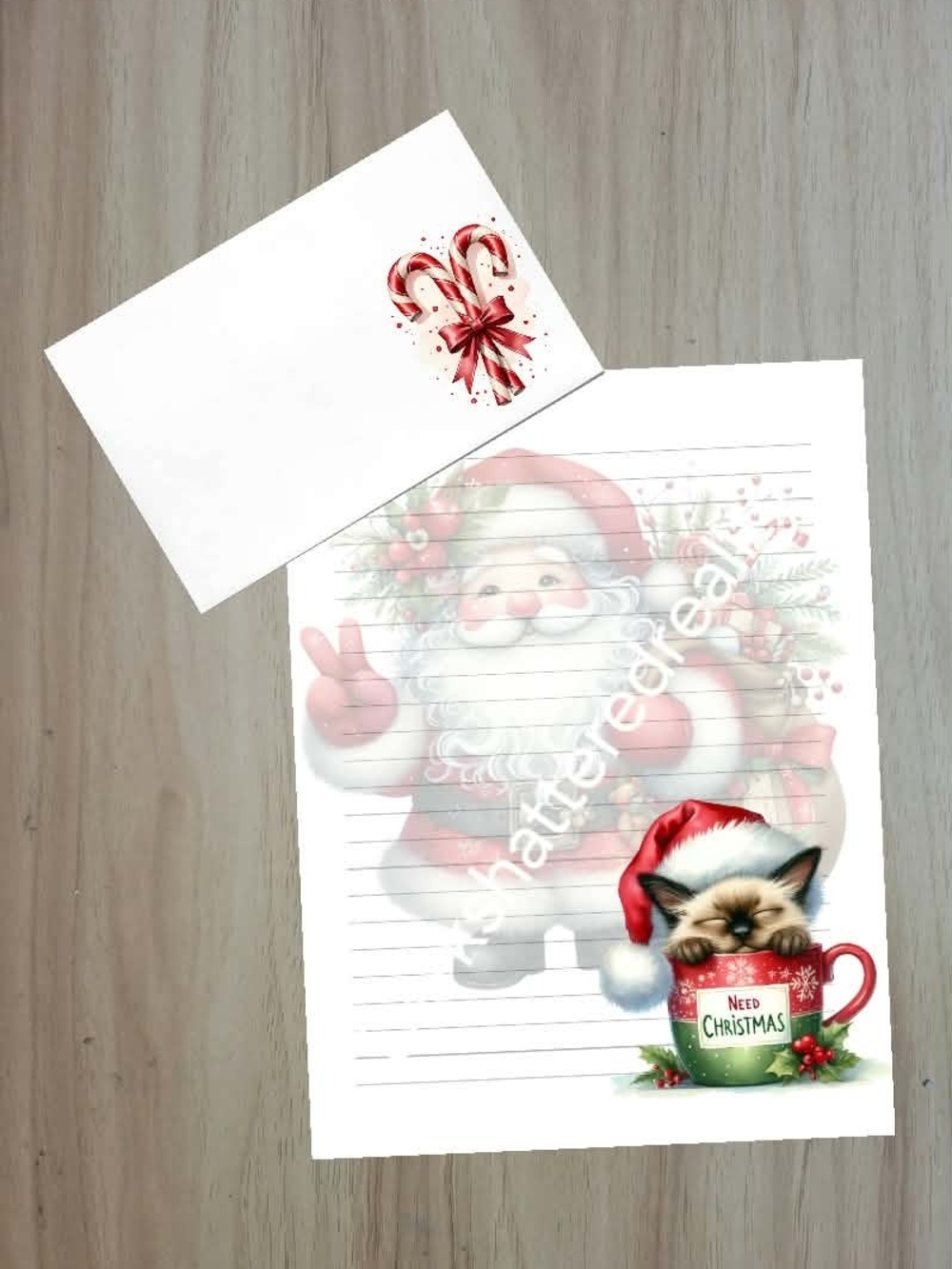 🖤NEW🖤 24pc Hand Crafted Santa & Kitten Holiday Note Paper with Red Accents